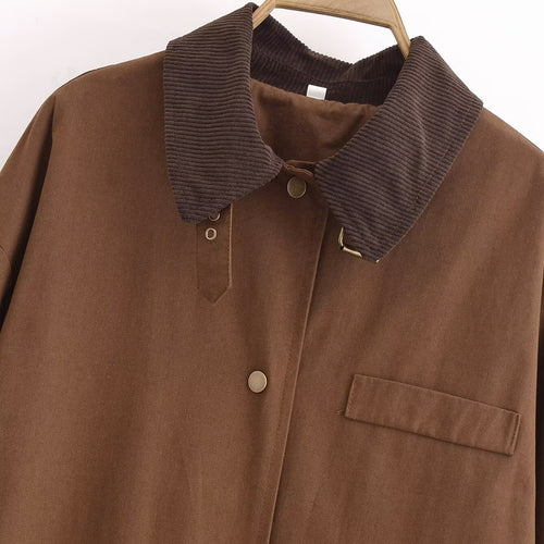 Corduroy Patchwork Collar Waxed Leather-Effect Long Trench Coat