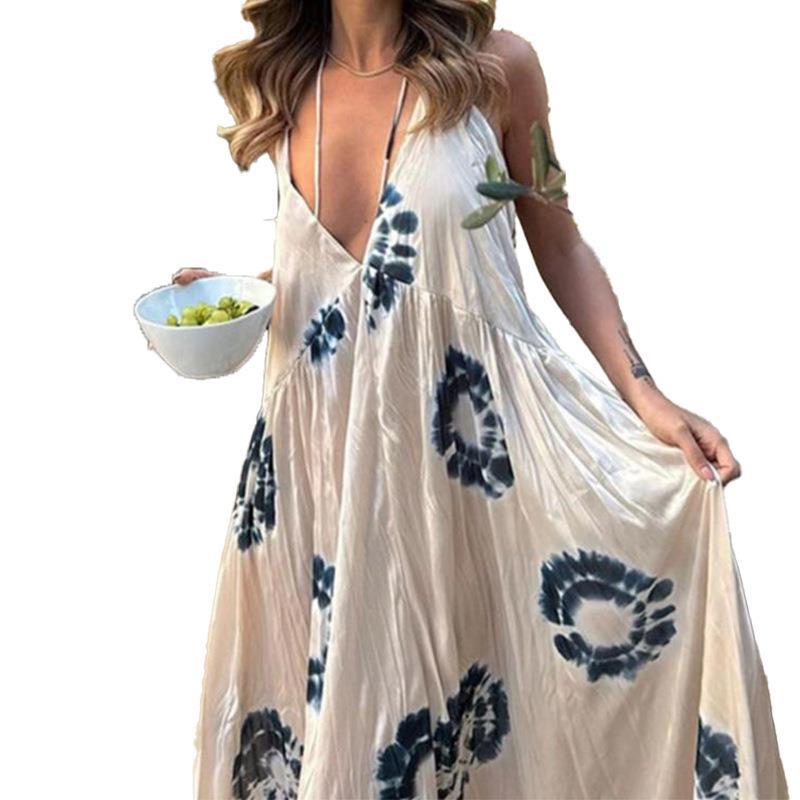 Deep V Halter Lace-up Backless Long Dress