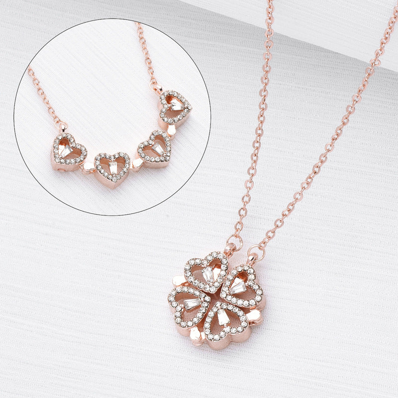 Magnetic Folding Heart Shaped Four Leaf Clover Necklace