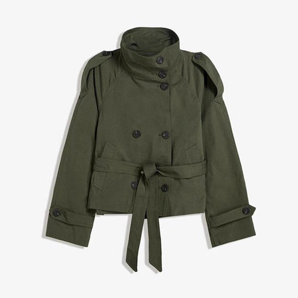 Buttoned Waist-Cinching Lace-Up Trench Coat