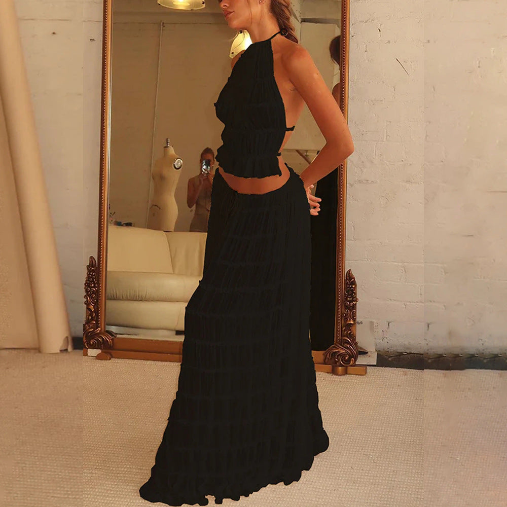 Backless Cropped Halter Top And Pleated Long Skirt