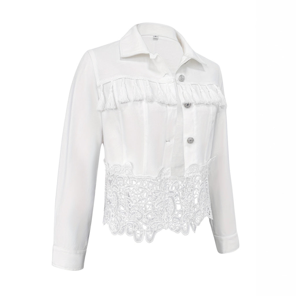 Lapel Hem Hollow-Out Patchwork Tassel Coat