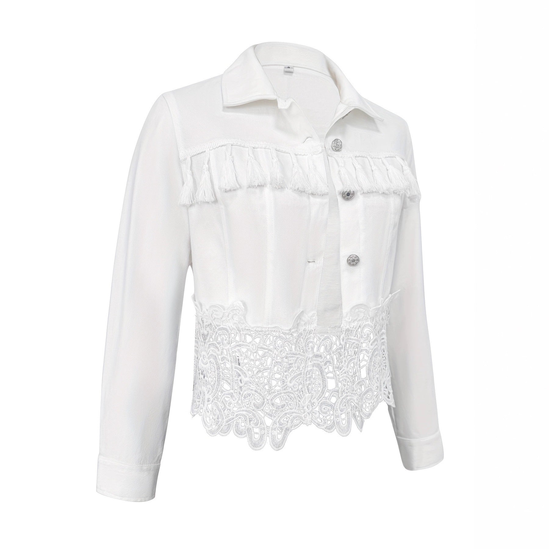 Lapel Hem Hollow-Out Patchwork Tassel Coat
