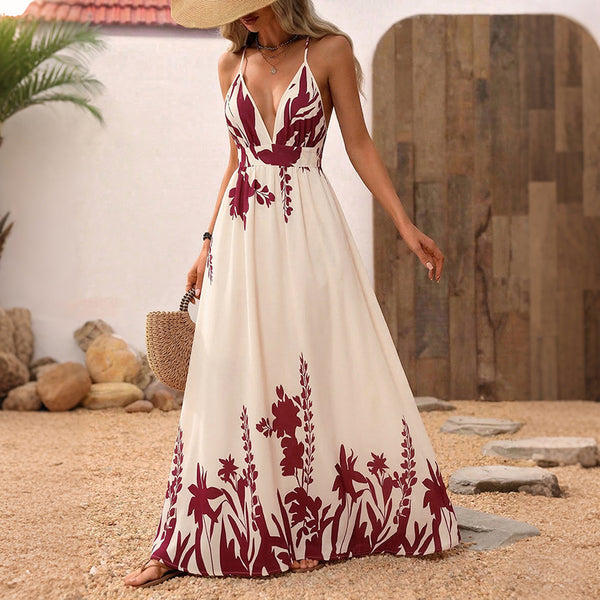 Floral Print Strap Backless Maxi Dress