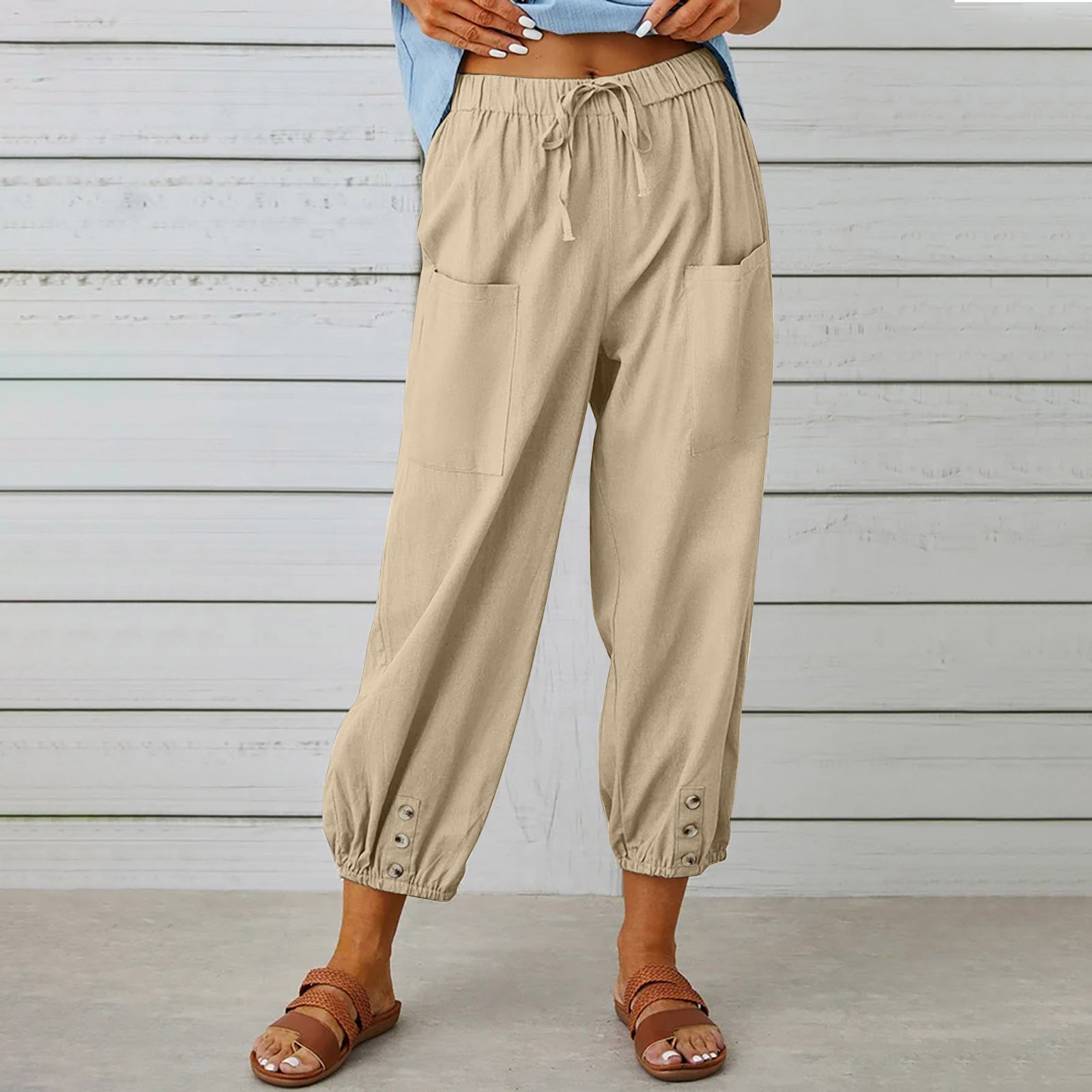 Drawstring Tie Pants Spring Trousers With Pockets Button