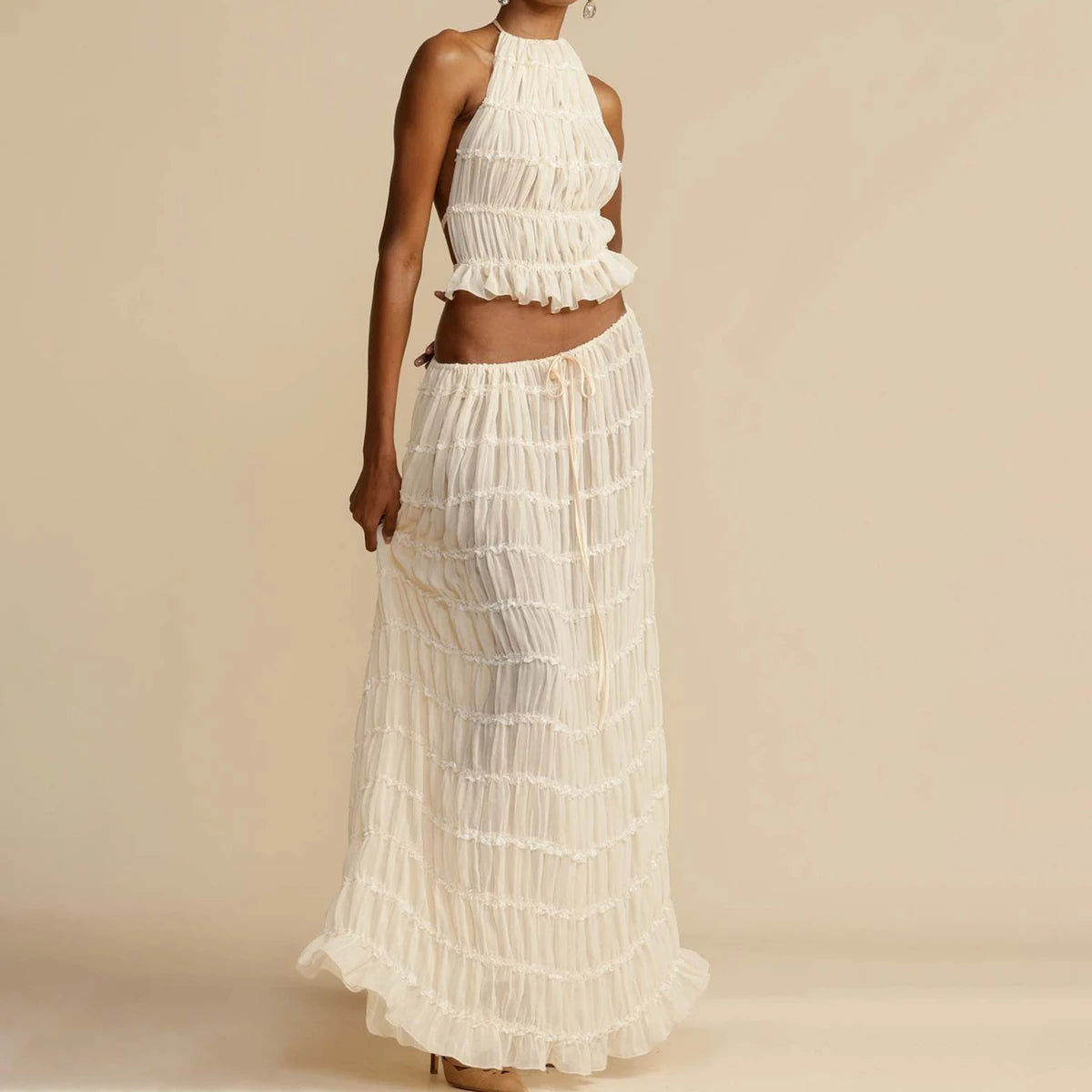 Backless Cropped Halter Top And Pleated Long Skirt