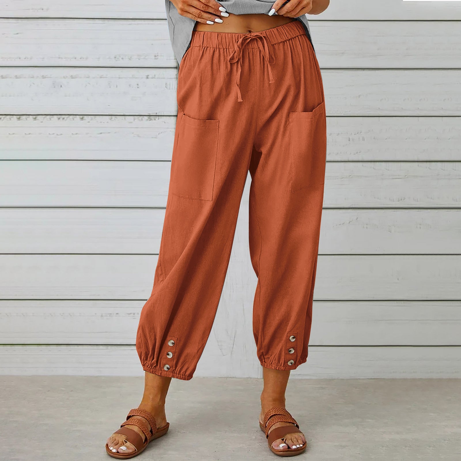 Drawstring Tie Pants Spring Trousers With Pockets Button