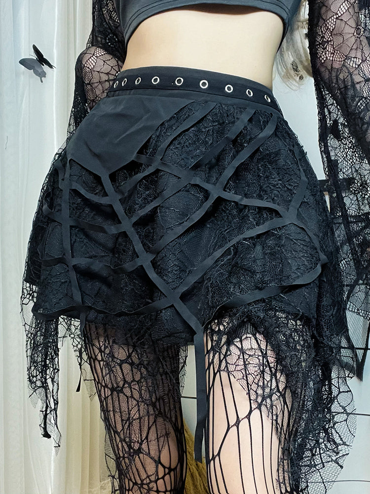 Black Heavy-duty Lace Stitching Skirt