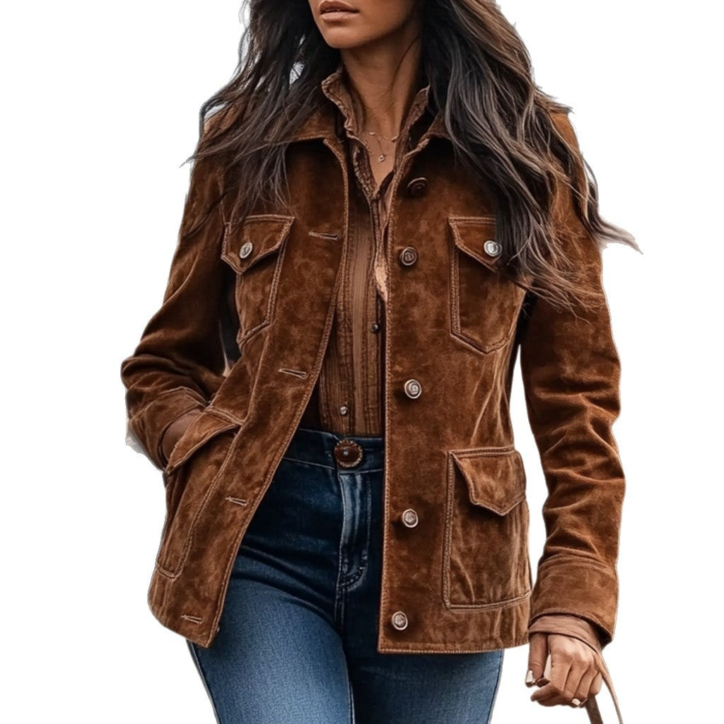 Suede Multi-Pocket Lapel Shirt Brown Short Jacket