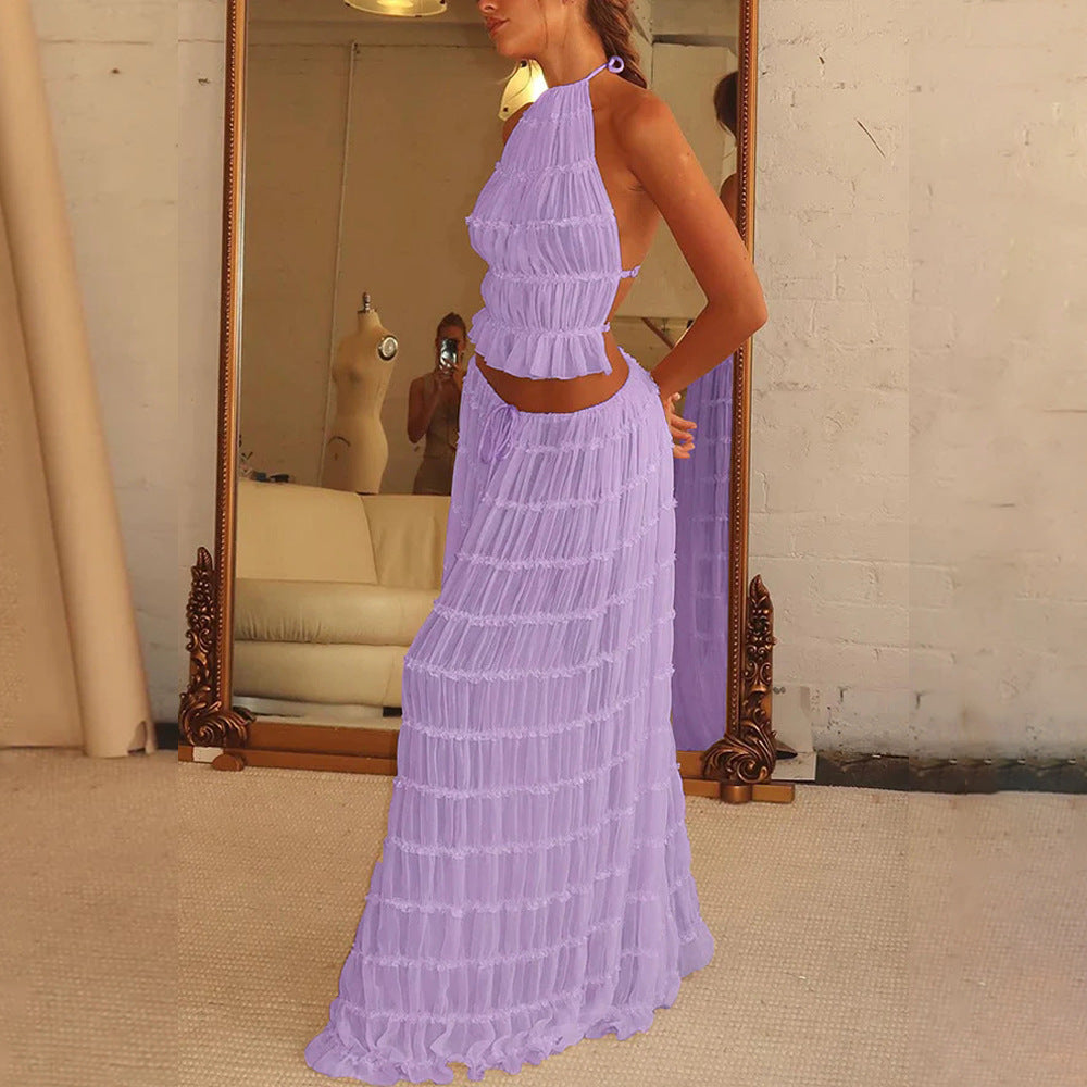 Backless Cropped Halter Top And Pleated Long Skirt