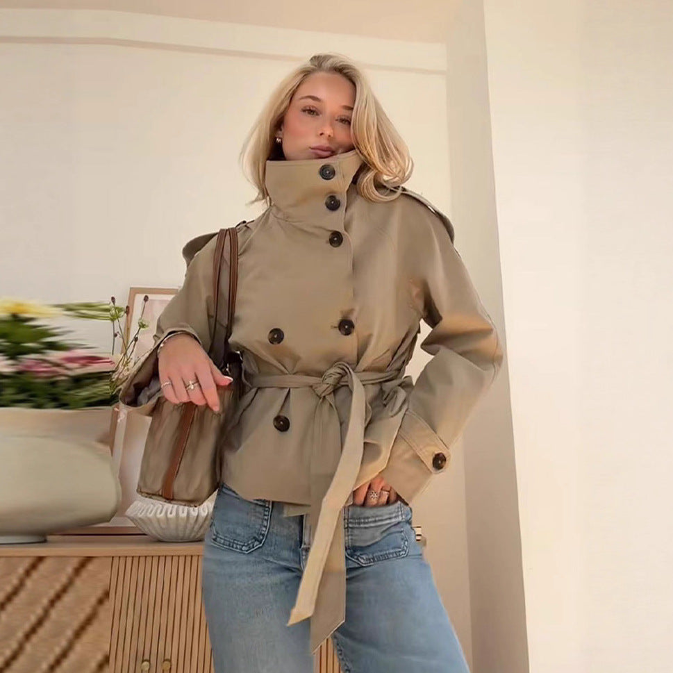 Buttoned Waist-Cinching Lace-Up Trench Coat