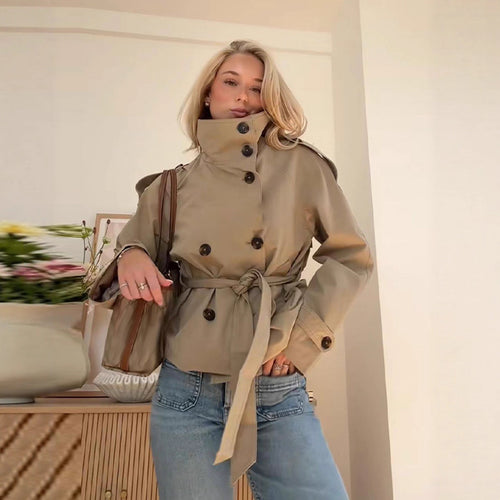 Buttoned Waist-Cinching Lace-Up Trench Coat