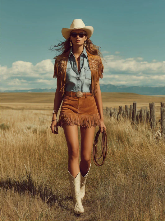 Caramel-Colored Faux Suede Fringe Skirt