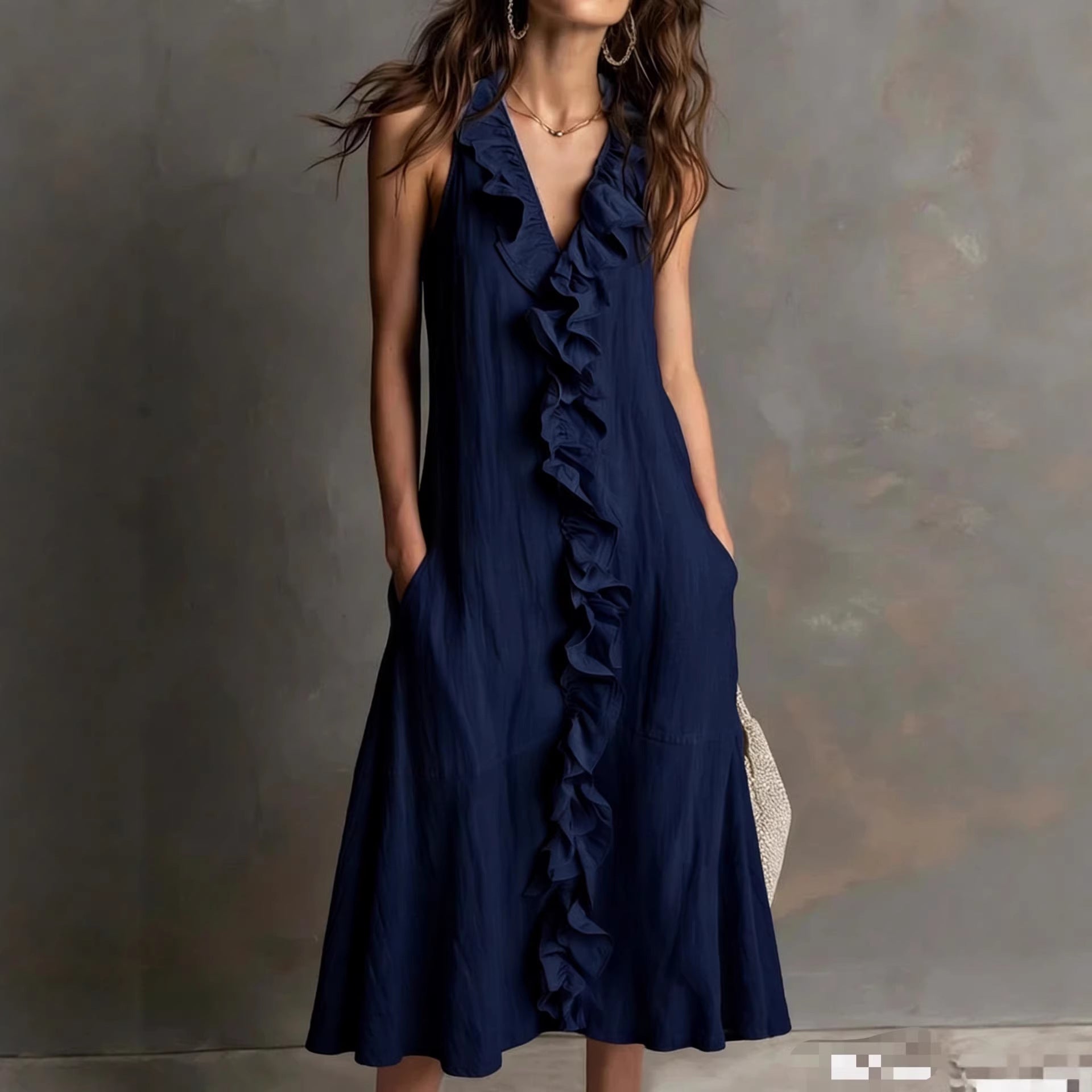 Cotton-Linen V-Neck Maxi Dress