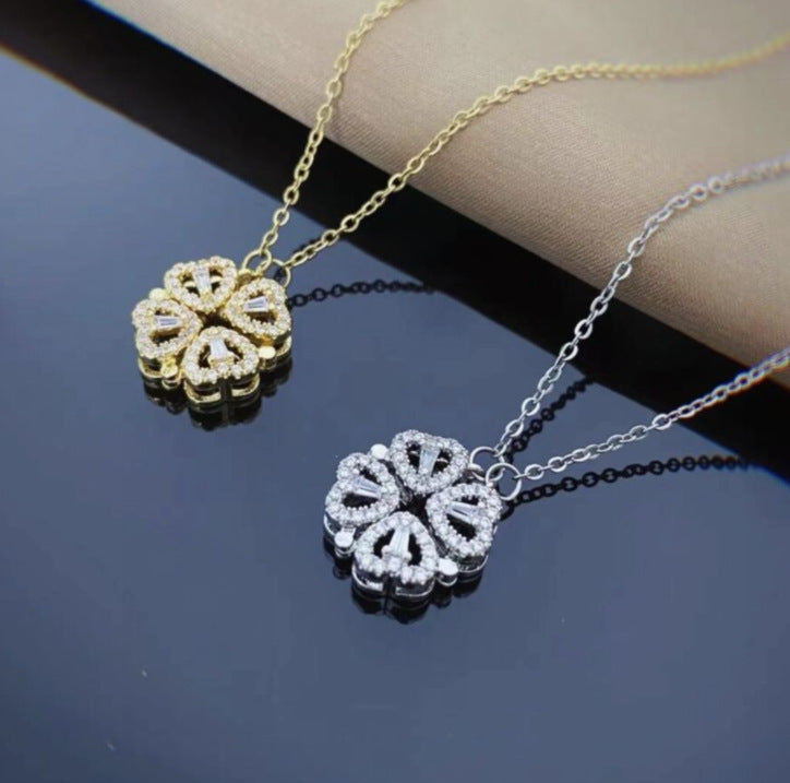 Magnetic Folding Heart Shaped Four Leaf Clover Necklace