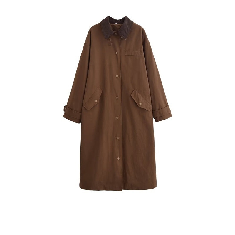 Corduroy Patchwork Collar Waxed Leather-Effect Long Trench Coat