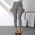 Check Print Button Embellished High-waist Slim-fit Knit Pant