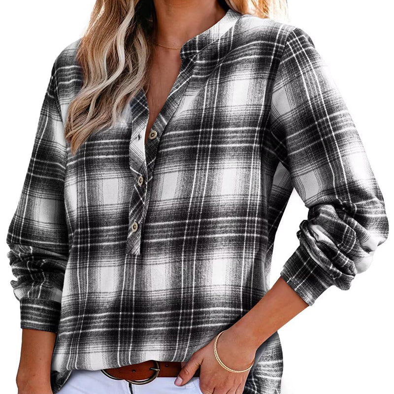 Thoughnet Plaid V-Neck Blouse Shirt