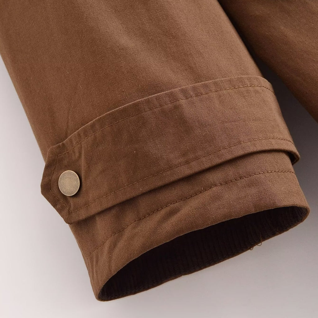 Corduroy Patchwork Collar Waxed Leather-Effect Long Trench Coat