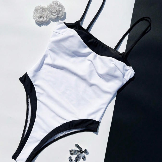 Black-and-white Color-block Chanel-style One-piece Swimsuit