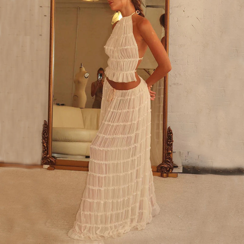 Backless Cropped Halter Top And Pleated Long Skirt