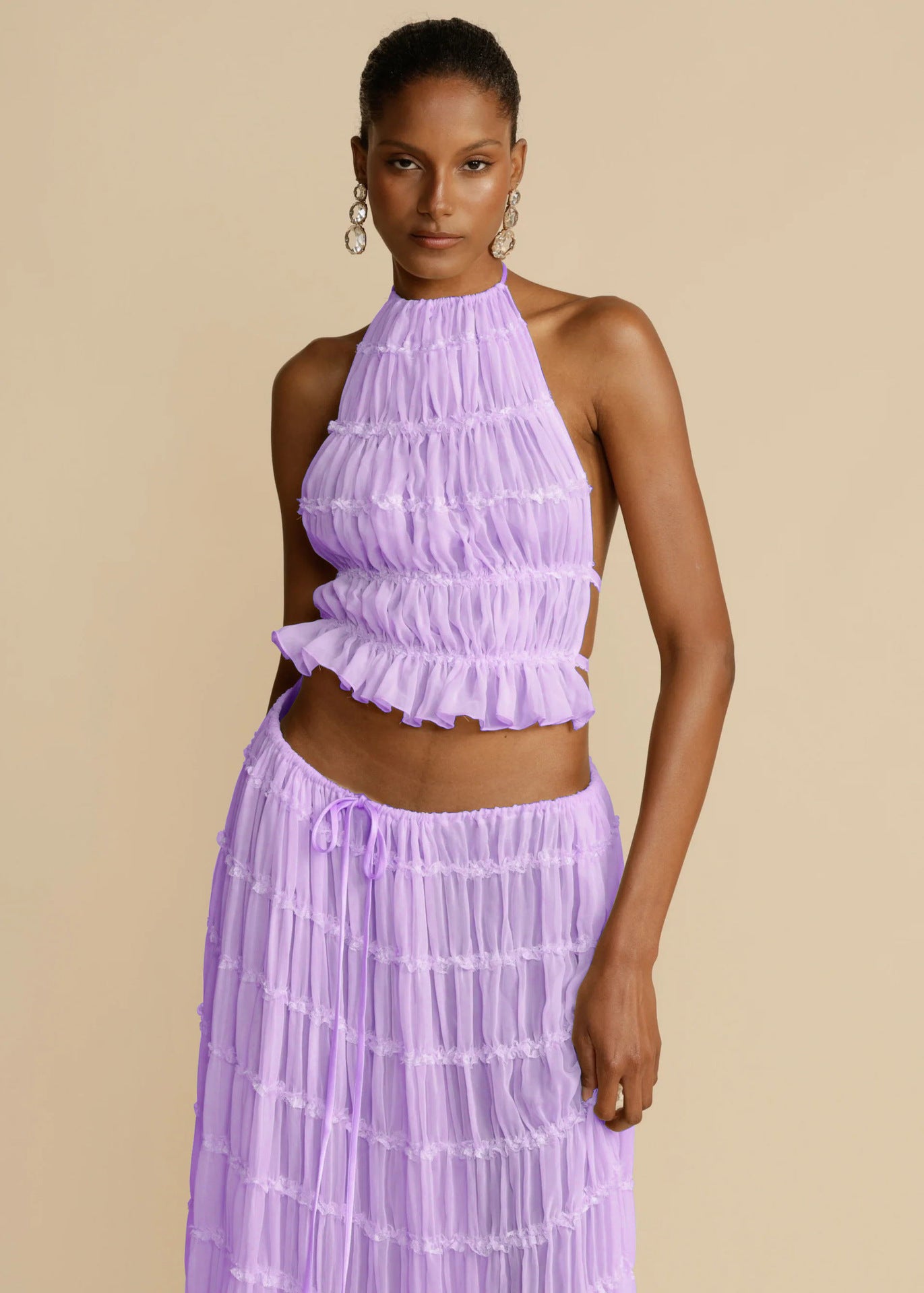 Backless Cropped Halter Top And Pleated Long Skirt
