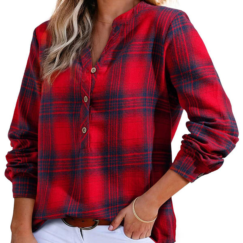 Thoughnet Plaid V-Neck Blouse Shirt