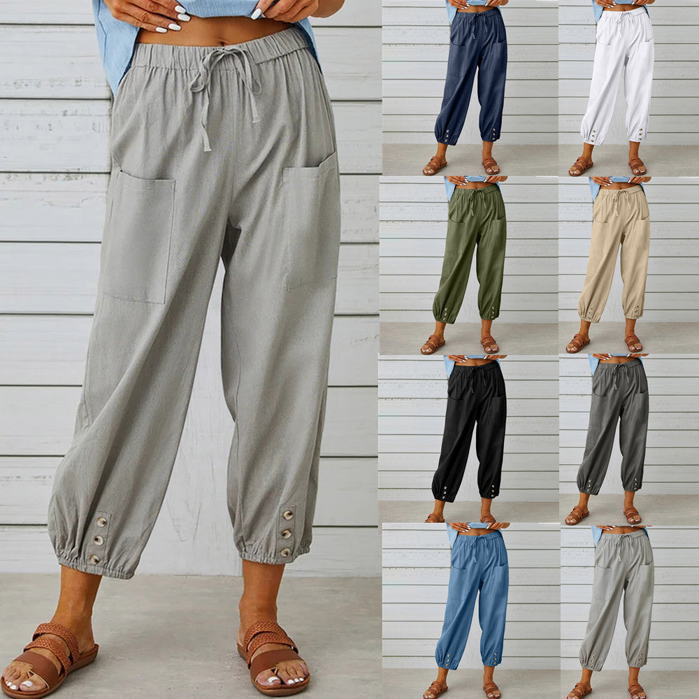 Drawstring Tie Pants Spring Trousers With Pockets Button