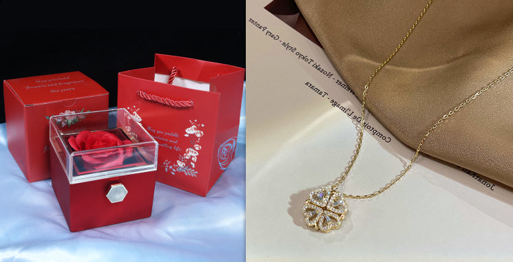 Magnetic Folding Heart Shaped Four Leaf Clover Necklace