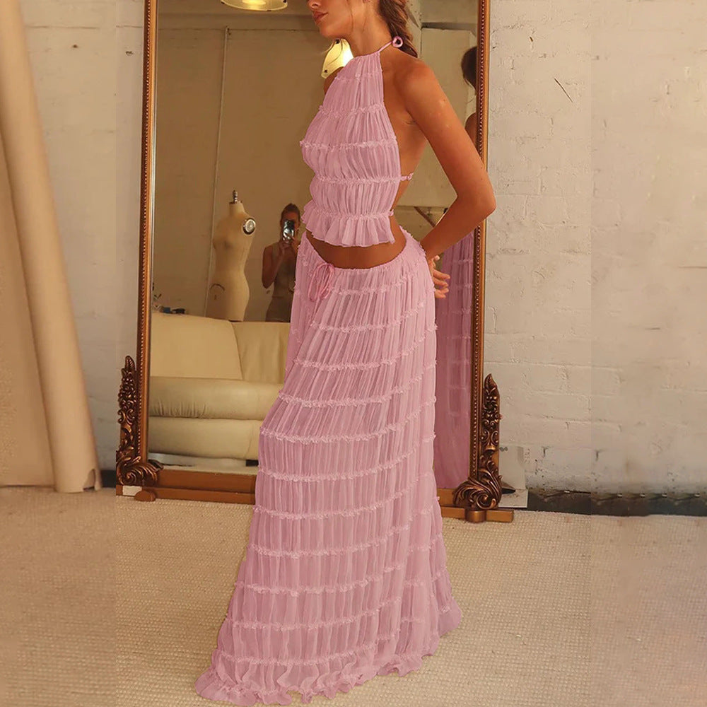 Backless Cropped Halter Top And Pleated Long Skirt