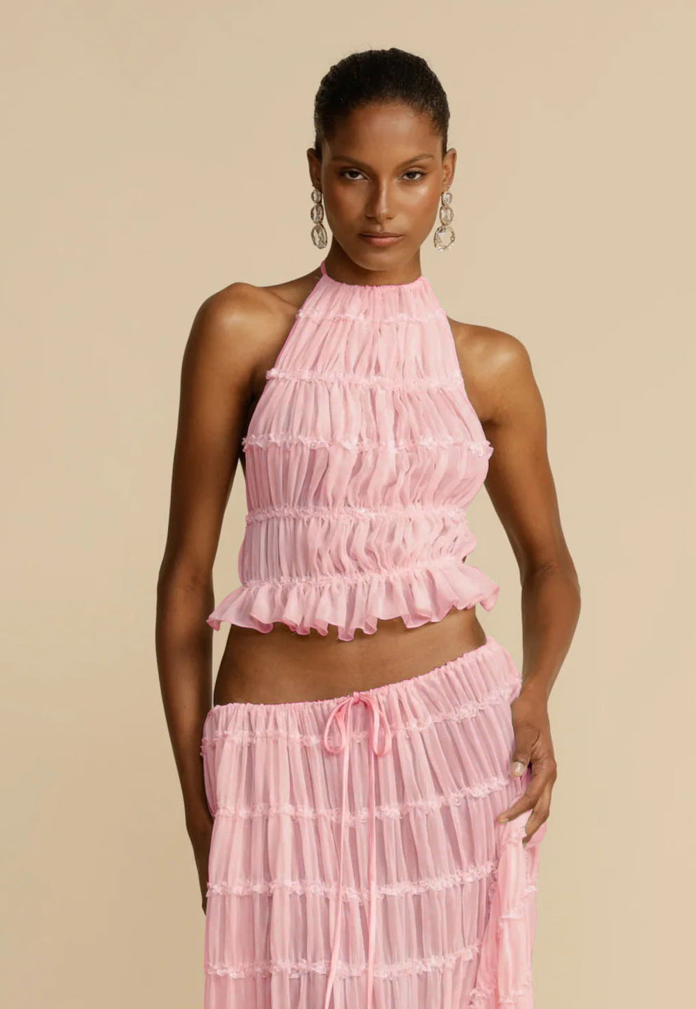 Backless Cropped Halter Top And Pleated Long Skirt