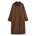 Corduroy Patchwork Collar Waxed Leather-Effect Long Trench Coat