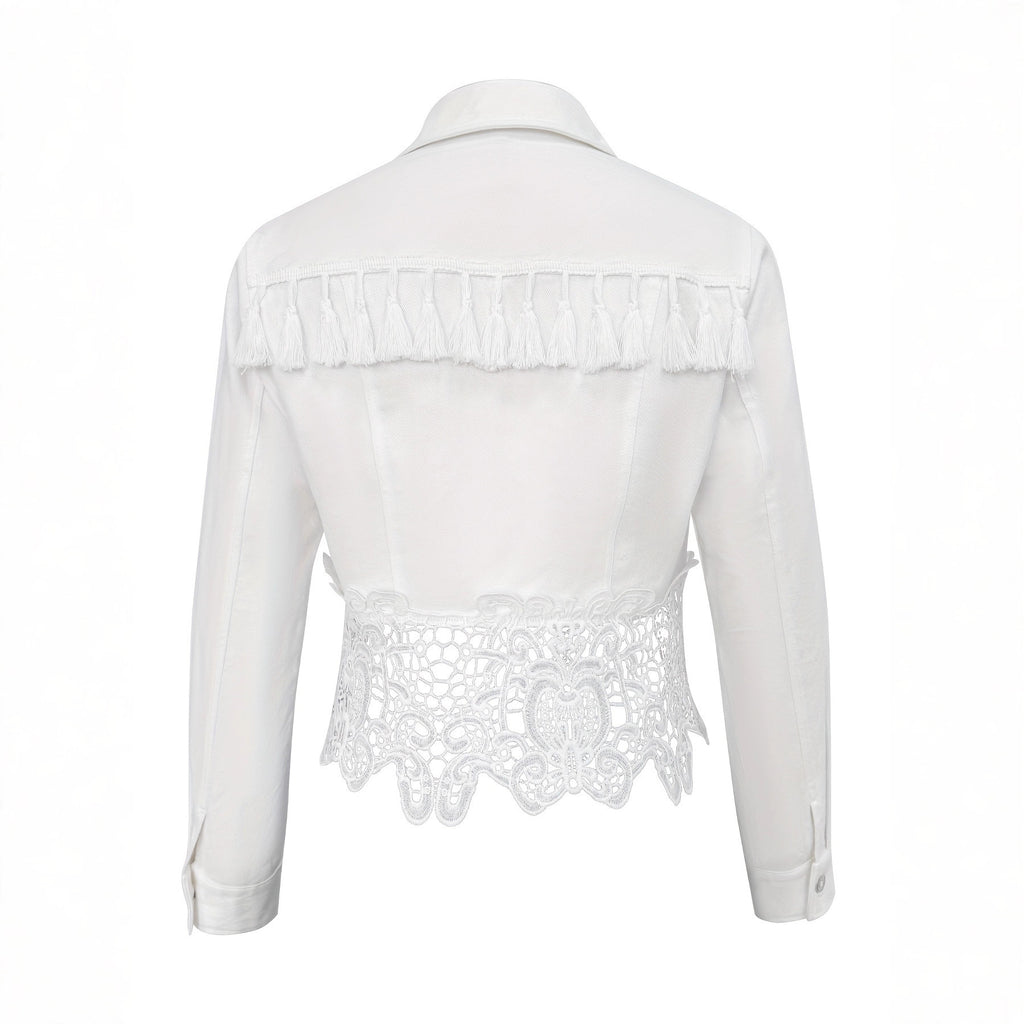 Lapel Hem Hollow-Out Patchwork Tassel Coat